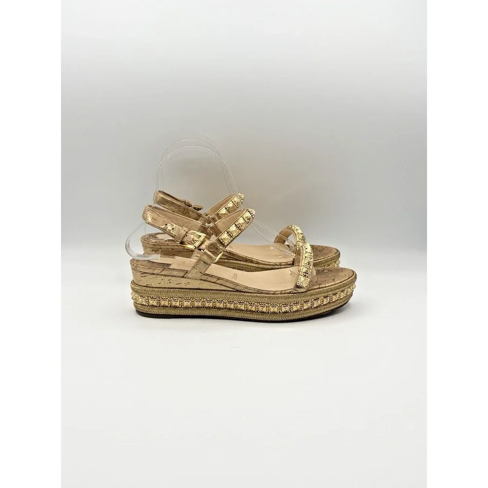 Christian Louboutin Gold Pyraclou 60 Spike Cork Wedge Espadrilles Size EU 38